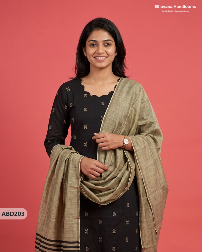 Raw Silk 3-Piece Kurti Set with Cut Work Neck Design in Black Colour | Full-Length Lined Kurti with Gold Dupatta