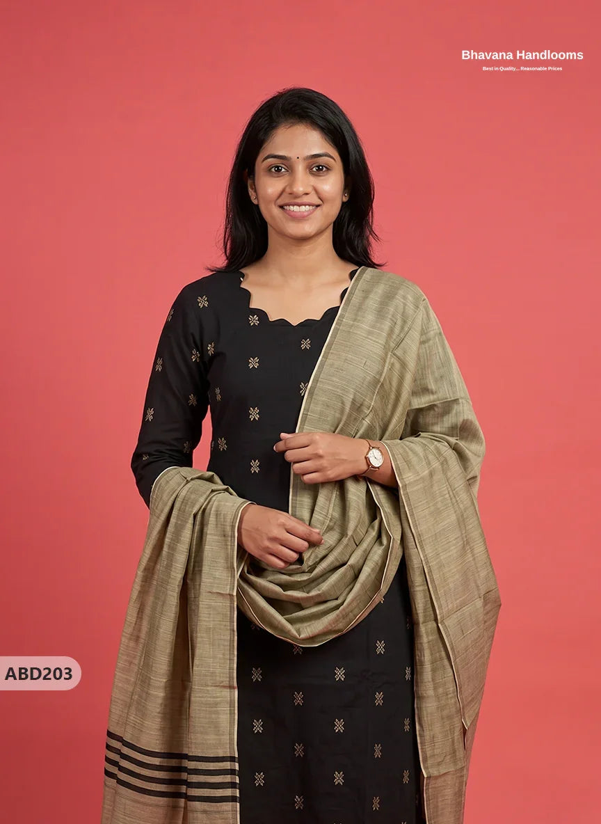 Raw Silk 3-Piece Kurti Set with Cut Work Neck Design in Black Colour | Full-Length Lined Kurti with Gold Dupatta