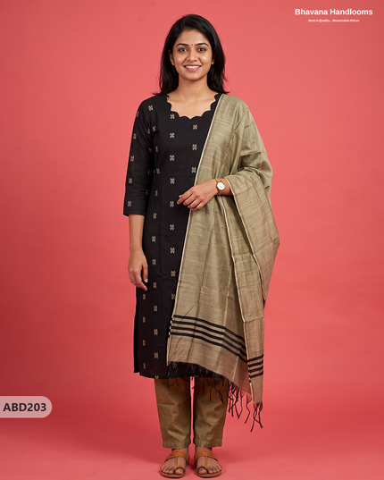 Raw Silk 3-Piece Kurti Set with Cut Work Neck Design in Black Colour | Full-Length Lined Kurti with Gold Dupatta