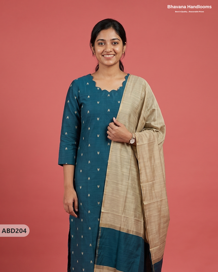 Raw Silk 3-Piece Kurti Set with Cut Work Neck Design in Teal Blue Colour | Full-Length Lined Kurti with Gold Dupatta