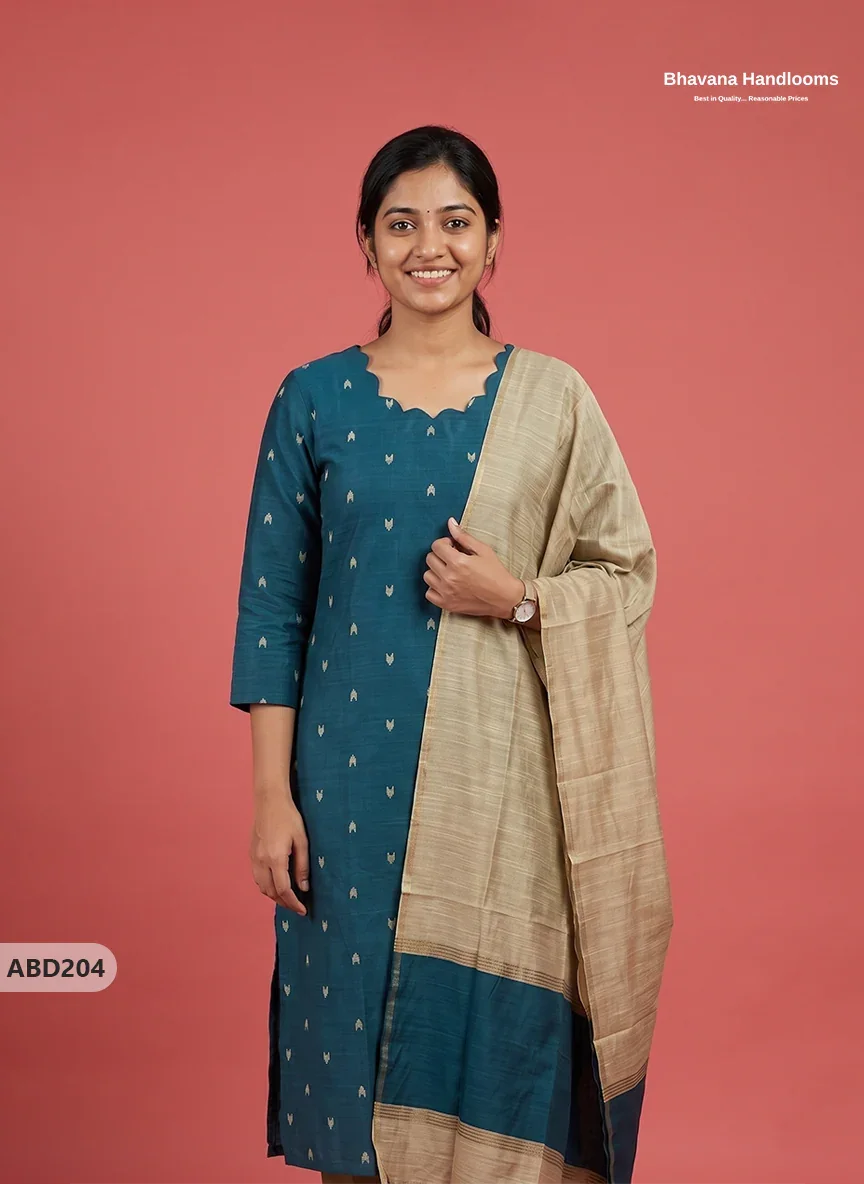 Raw Silk 3-Piece Kurti Set with Cut Work Neck Design in Teal Blue Colour | Full-Length Lined Kurti with Gold Dupatta