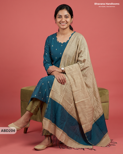 Raw Silk 3-Piece Kurti Set with Cut Work Neck Design in Teal Blue Colour | Full-Length Lined Kurti with Gold Dupatta