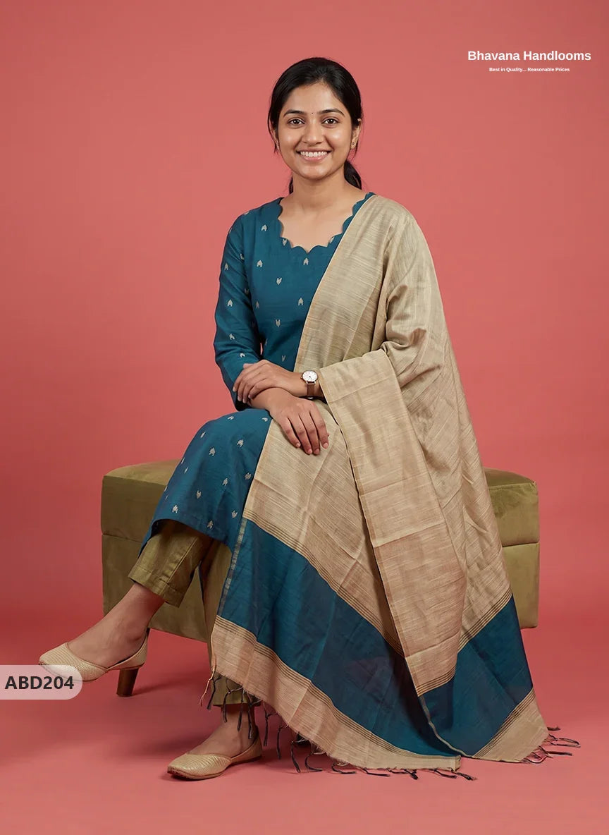 Raw Silk 3-Piece Kurti Set with Cut Work Neck Design in Teal Blue Colour | Full-Length Lined Kurti with Gold Dupatta