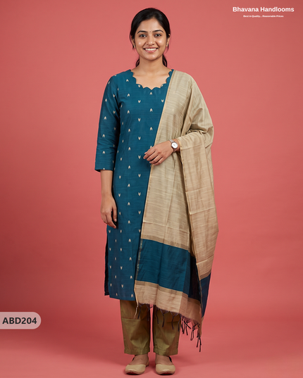 Raw Silk 3-Piece Kurti Set with Cut Work Neck Design in Teal Blue Colour | Full-Length Lined Kurti with Gold Dupatta
