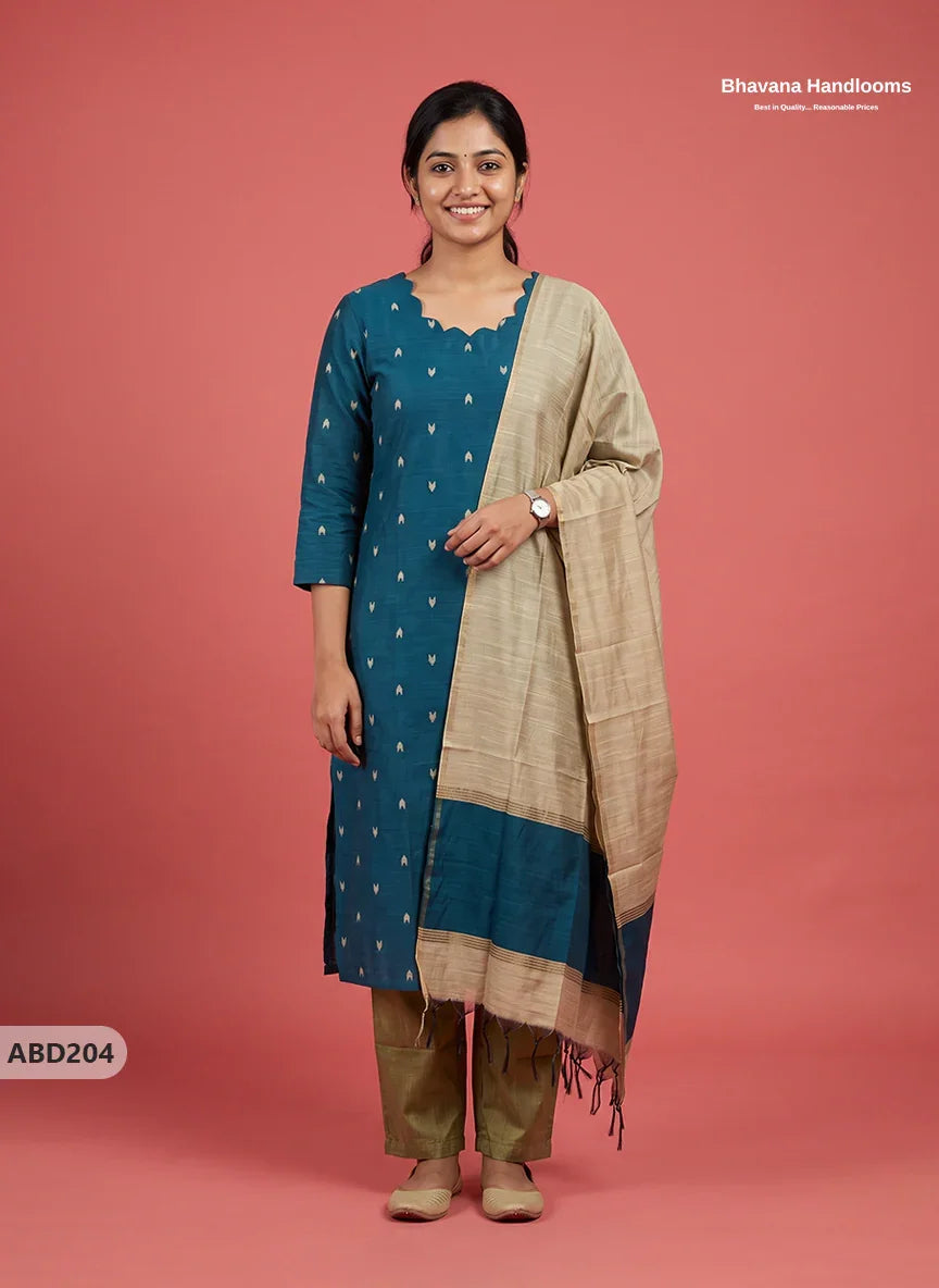 Raw Silk 3-Piece Kurti Set with Cut Work Neck Design in Teal Blue Colour | Full-Length Lined Kurti with Gold Dupatta