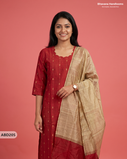 Raw Silk 3-Piece Kurti Set with Cut Work Neck Design in Red Colour | Full-Length Lined Kurti with Gold Dupatta