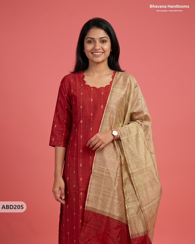 Raw Silk 3-Piece Kurti Set with Cut Work Neck Design in Red Colour | Full-Length Lined Kurti with Gold Dupatta