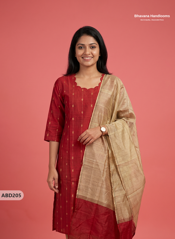 Raw Silk 3-Piece Kurti Set with Cut Work Neck Design in Red Colour | Full-Length Lined Kurti with Gold Dupatta