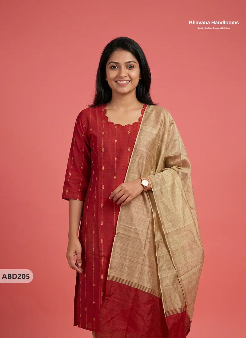 Raw Silk 3-Piece Kurti Set with Cut Work Neck Design in Red Colour | Full-Length Lined Kurti with Gold Dupatta