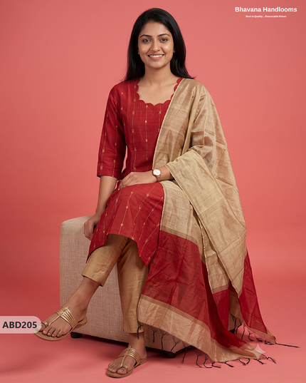 Raw Silk 3-Piece Kurti Set with Cut Work Neck Design in Red Colour | Full-Length Lined Kurti with Gold Dupatta