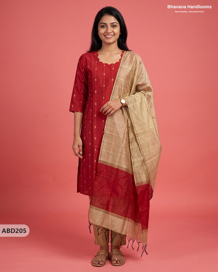 Raw Silk 3-Piece Kurti Set with Cut Work Neck Design in Red Colour | Full-Length Lined Kurti with Gold Dupatta
