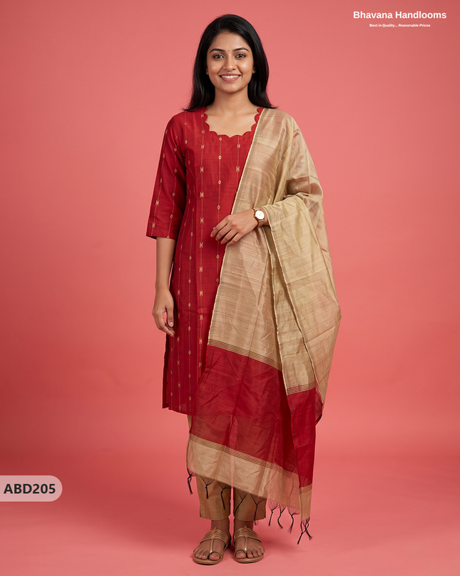 Raw Silk 3-Piece Kurti Set with Cut Work Neck Design in Red Colour | Full-Length Lined Kurti with Gold Dupatta
