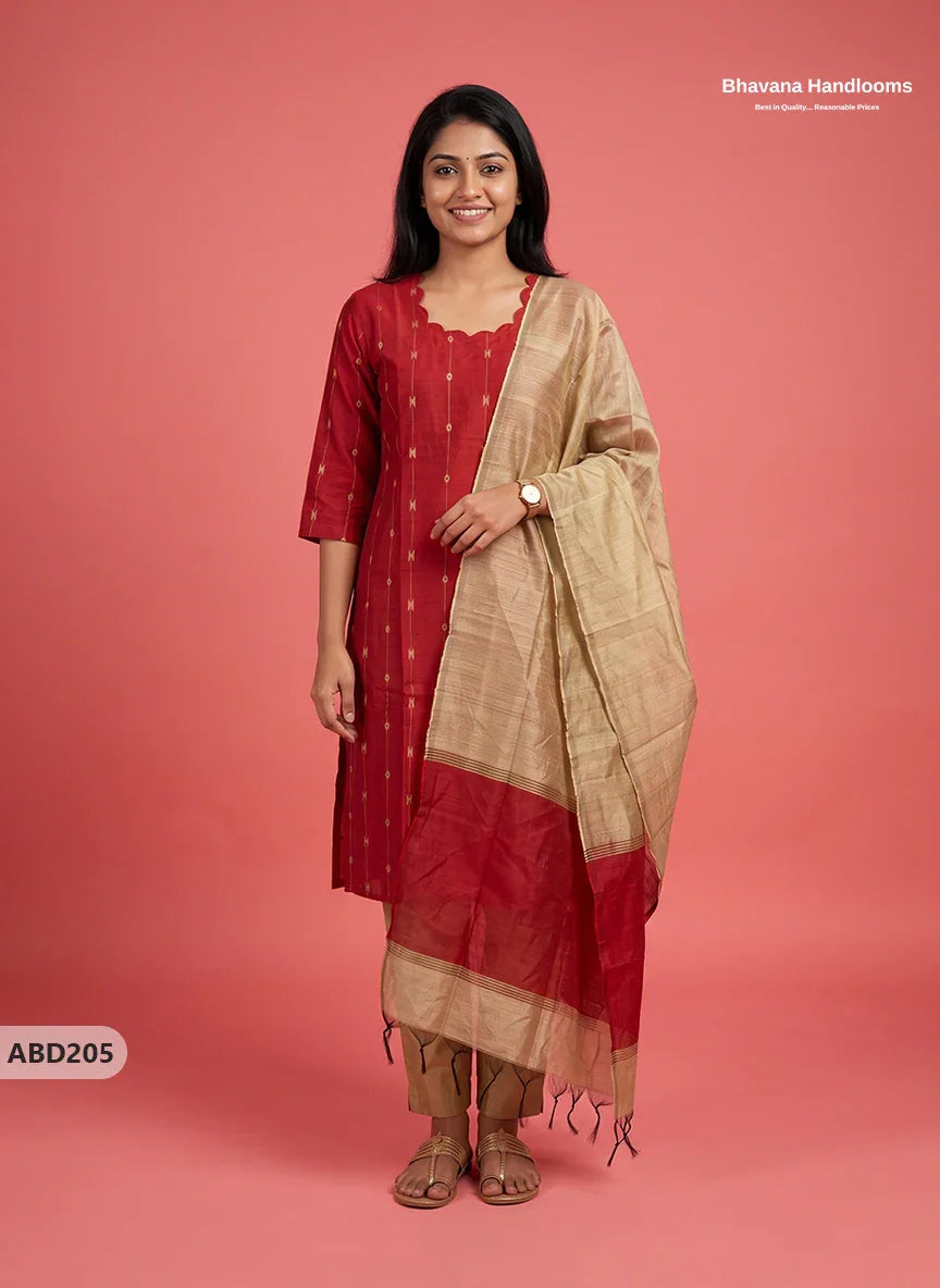 Raw Silk 3-Piece Kurti Set with Cut Work Neck Design in Red Colour | Full-Length Lined Kurti with Gold Dupatta