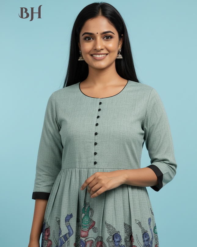 Ramayanam Cotton Frock Pastel Sage Green – Premium Ethnic Wear for Women & Girls