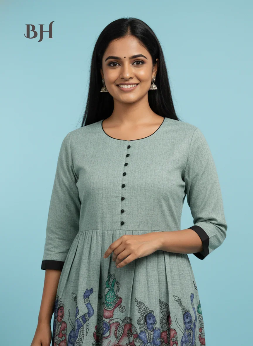 Ramayanam Cotton Frock Pastel Sage Green – Premium Ethnic Wear for Women & Girls