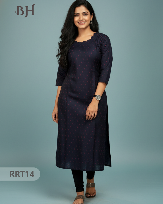 Designer Raw Silk Straight Cut Top in Navy Blue | Cut Work Neck | Full-Length Lining