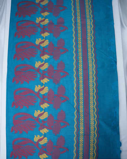 Bhavana Handlooms aqua blue Coimbatore handloom saree featuring traditional peacock motifs and a rani pink woven border