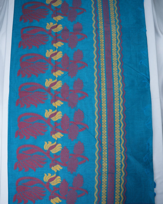 Bhavana Handlooms aqua blue Coimbatore handloom saree featuring traditional peacock motifs and a rani pink woven border