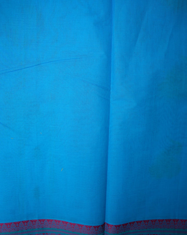 Bhavana Handlooms aqua blue Coimbatore handloom saree featuring traditional peacock motifs and a rani pink woven border