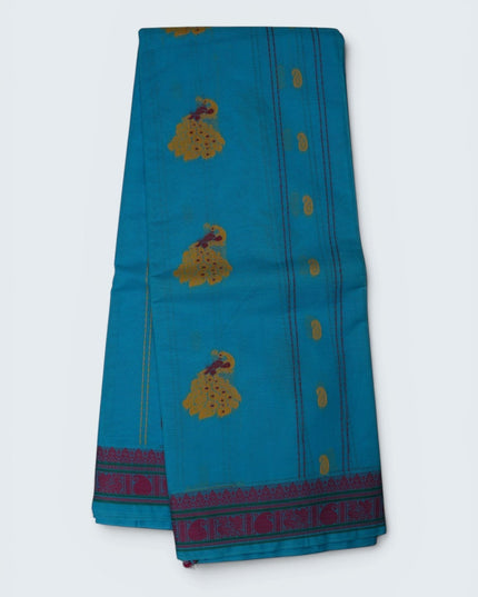 Bhavana Handlooms aqua blue Coimbatore handloom saree featuring gold peacock motifs and a contrast rani pink border.