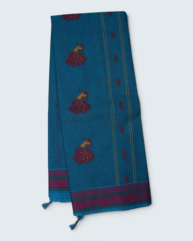 Bhavana Handlooms aqua blue Coimbatore handloom saree with traditional peacock motifs and rani pink woven border.
