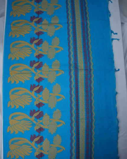 Bhavana Handlooms aqua blue Coimbatore handloom saree featuring gold peacock motifs and a contrast rani pink border.