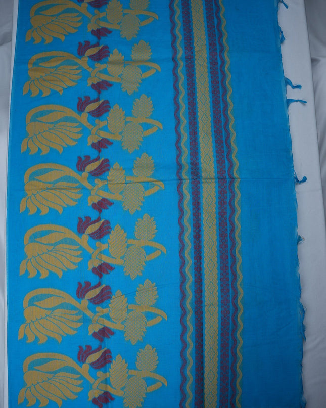 Bhavana Handlooms aqua blue Coimbatore handloom saree featuring gold peacock motifs and a contrast rani pink border.