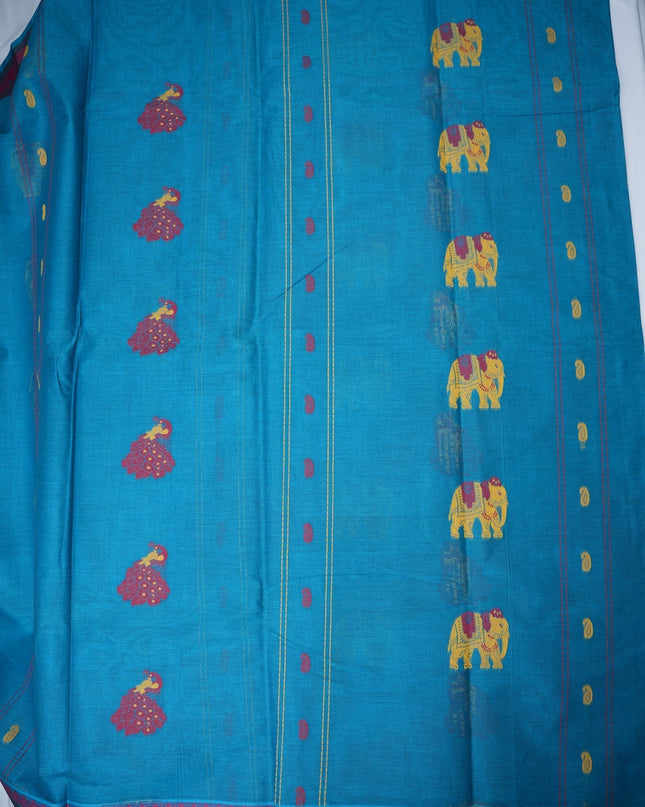 Bhavana Handlooms aqua blue Coimbatore handloom saree featuring traditional peacock motifs and a rani pink woven border