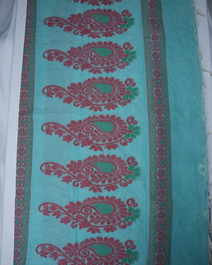 Bhavana Handlooms aqua blue Coimbatore handloom saree featuring red and green paisley motifs and a teal woven border.
