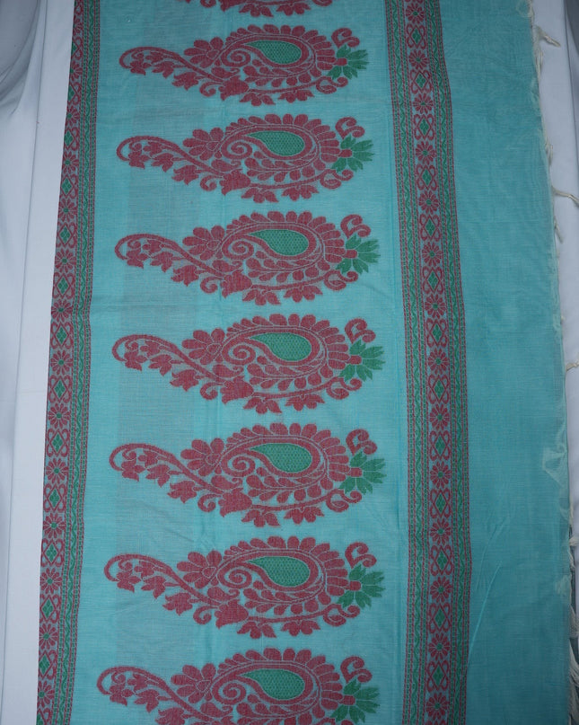 Bhavana Handlooms aqua blue Coimbatore handloom saree featuring red and green paisley motifs and a teal woven border.
