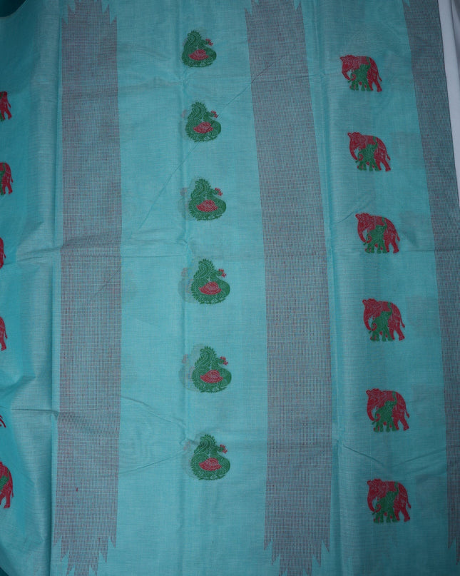 Bhavana Handlooms aqua blue Coimbatore handloom saree featuring red and green elephant motifs and teal woven border.