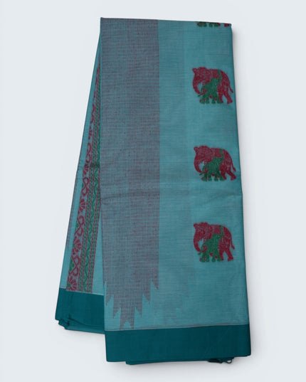Bhavana Handlooms aqua blue Coimbatore handloom saree featuring traditional red and green elephant motifs and teal border
