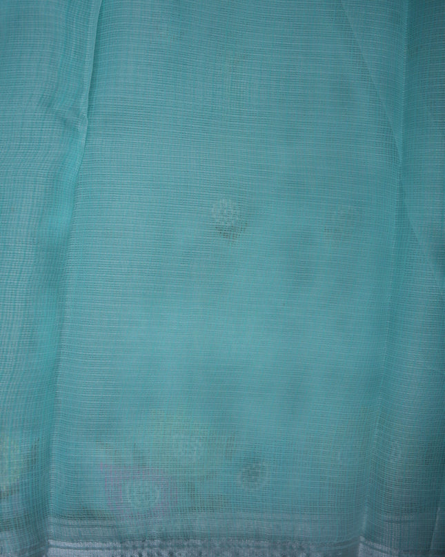 Bhavana Handlooms aqua blue silk kota saree featuring delicate floral embroidery and a multicolor designer border.