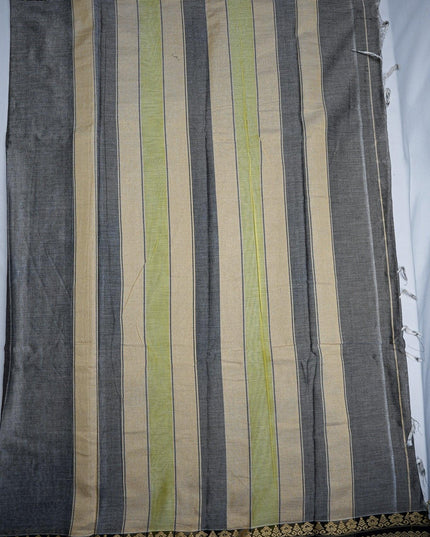 Bhavana Handlooms ash grey mercerized cotton saree with cream, light green, and dark grey vertical stripes and a woven gold border.