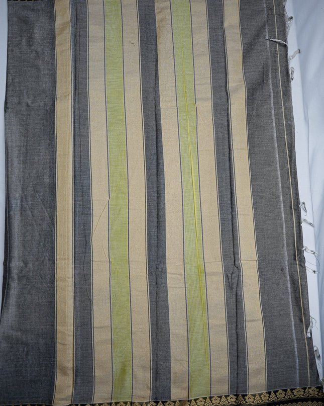 Bhavana Handlooms ash grey mercerized cotton saree with cream, light green, and dark grey vertical stripes and a woven gold border.