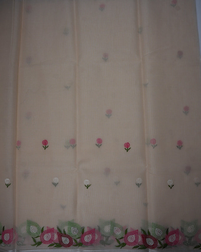 Bhavana Handlooms beige silk Kota saree featuring delicate floral embroidery motifs and a multicolor designer border.