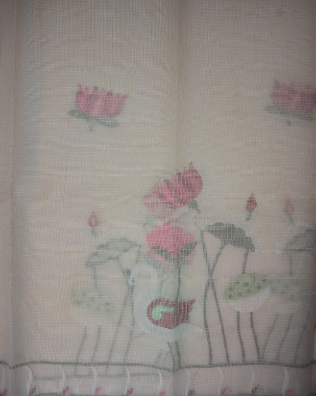 Bhavana Handlooms beige silk Kota saree featuring delicate swan and lotus embroidery with an elegant border