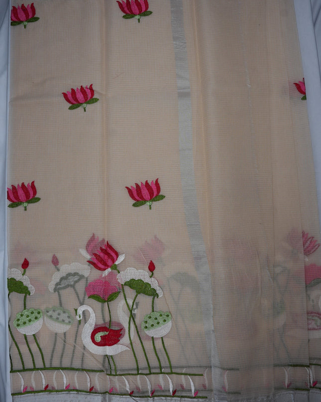Bhavana Handlooms beige silk Kota saree featuring pink lotus and white swan embroidery with an elegant border.