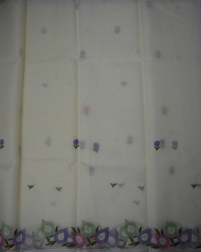 Bhavana Handlooms beige silk Kota saree featuring delicate floral embroidery motifs and a multicolor designer border.