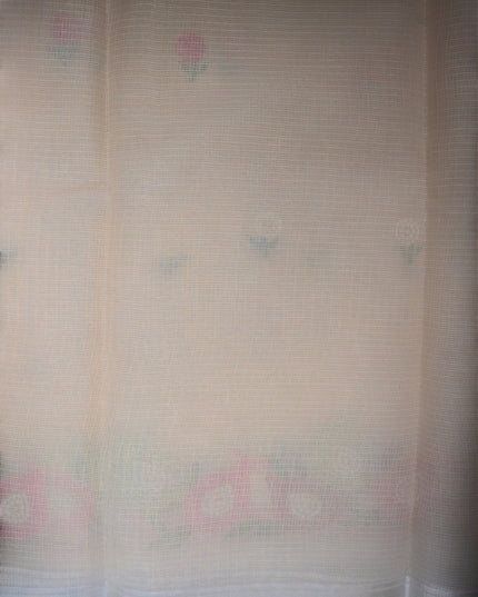 Bhavana Handlooms beige silk Kota saree featuring delicate floral embroidery motifs and a multicolor designer border.