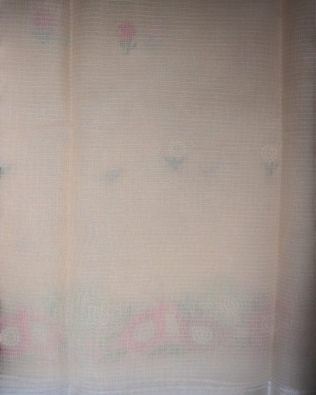 Bhavana Handlooms beige silk Kota saree featuring delicate floral embroidery motifs and a multicolor designer border.