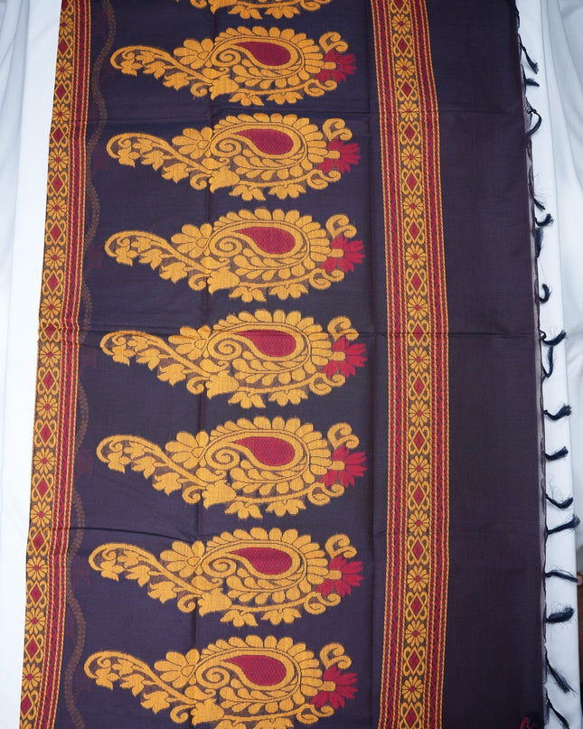 Bhavana Handlooms black Coimbatore handloom saree featuring gold and magenta traditional bird motifs and woven border.