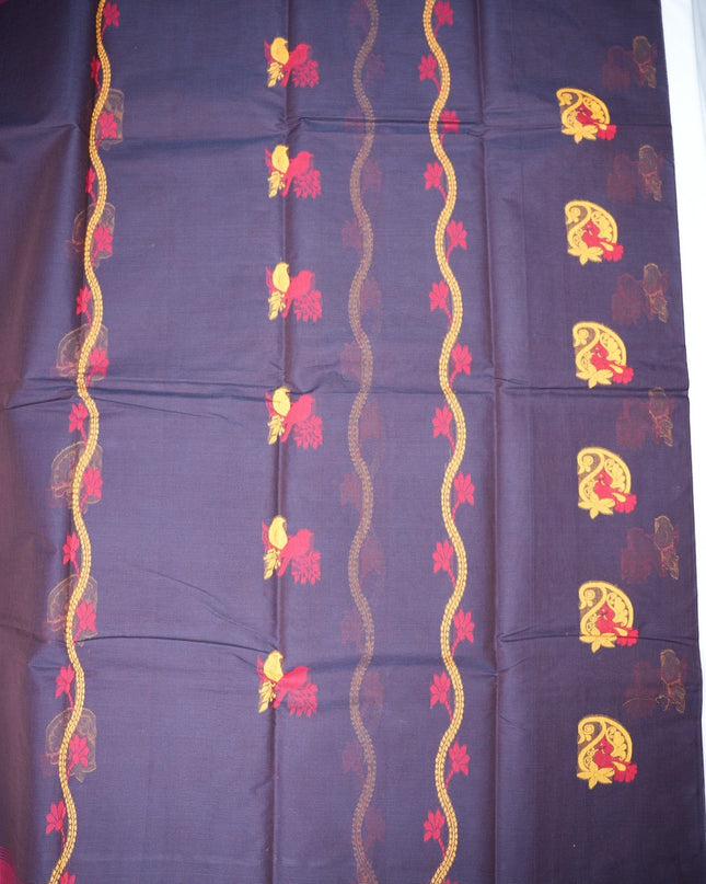 Bhavana Handlooms black Coimbatore handloom saree featuring traditional bird motifs and a contrast magenta woven border.