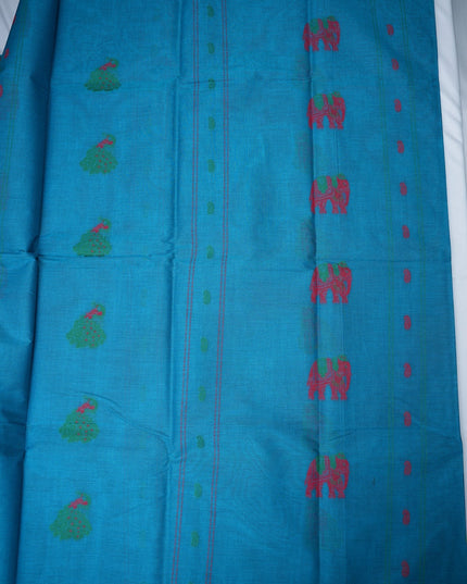 Bhavana Handlooms blue handloom saree featuring traditional red elephant motifs and pink woven border details.