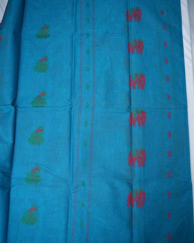 Bhavana Handlooms blue handloom saree featuring traditional red elephant motifs and pink woven border details.