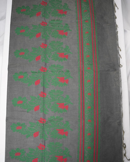 Bhavana Handlooms charcoal grey Coimbatore handloom saree with green elephant motifs and contrast rani pink border