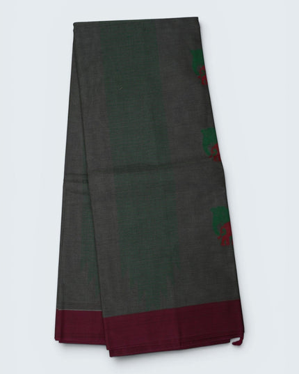 Bhavana Handlooms charcoal grey Coimbatore handloom saree with traditional elephant motifs and contrast rani pink border