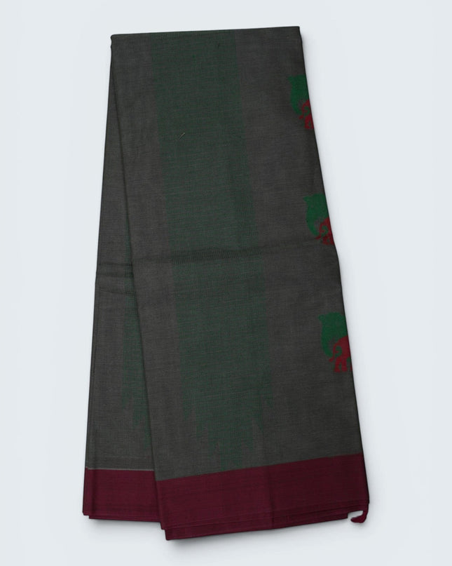 Bhavana Handlooms charcoal grey Coimbatore handloom saree with traditional elephant motifs and contrast rani pink border