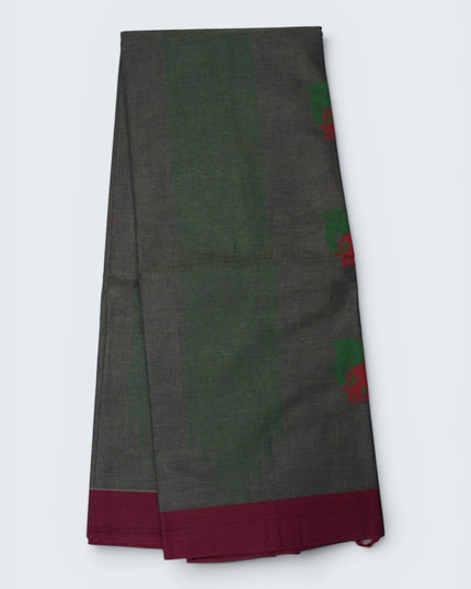 Bhavana Handlooms charcoal grey Coimbatore handloom saree with traditional elephant motifs and rani pink woven border