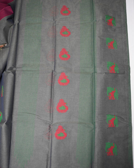 Bhavana Handlooms charcoal grey Coimbatore handloom saree with traditional elephant motifs and rani pink woven border